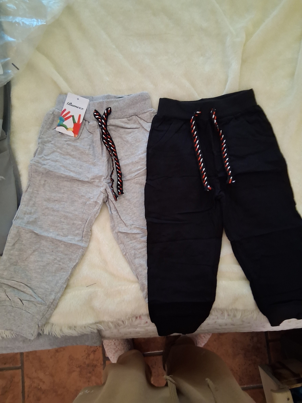 Kids Jogger Set - Gray & Black Sweatpants with Striped Drawcords